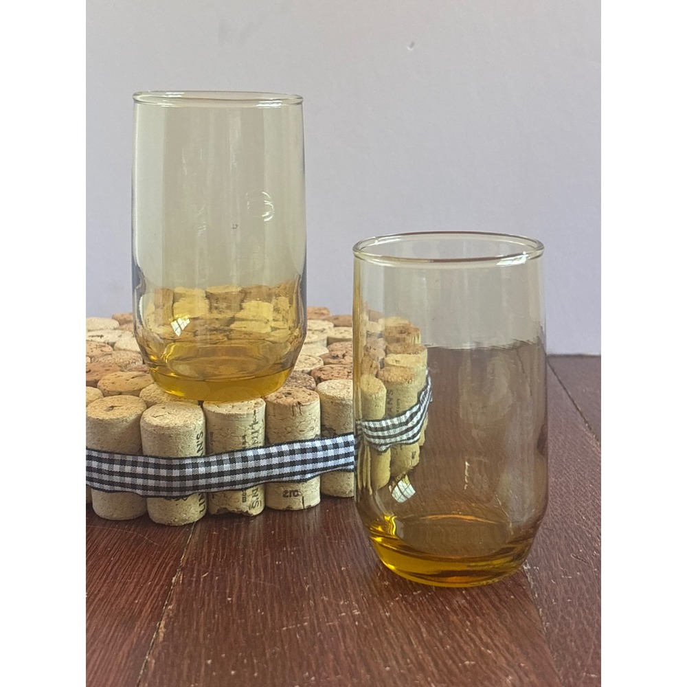Vintage Amber‎ Glass Juice Tumblers Set of 2 Mid Century Modern Drinkware 4in